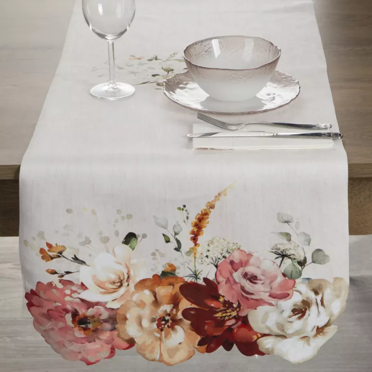Bieżnik na stół naturalno, różowy 40x140 cm SUMMER 2 z nadrukowanym motywem kwitnących kwiatów