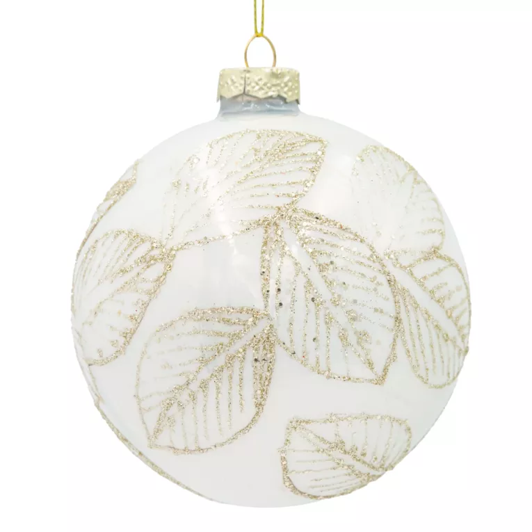 Szklana bombka choinkowa ręcznie zdobiona motywem lśniących liści