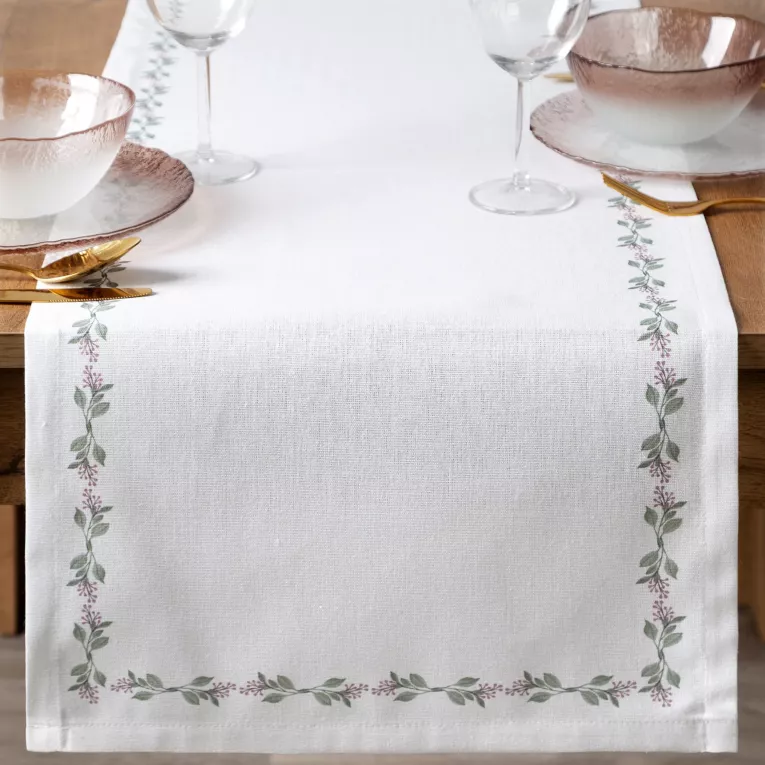 Bieżnik na stół plamoodporny 40x140 cm biało, zielony z motywem roślinnym - LILY