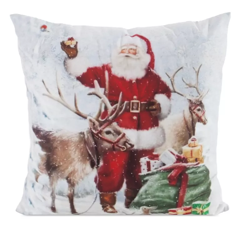 Poszewka na poduszkę świąteczna 45x45 cm biało, czerwona zdobiona nadrukiem Mikołaja z Reniferami