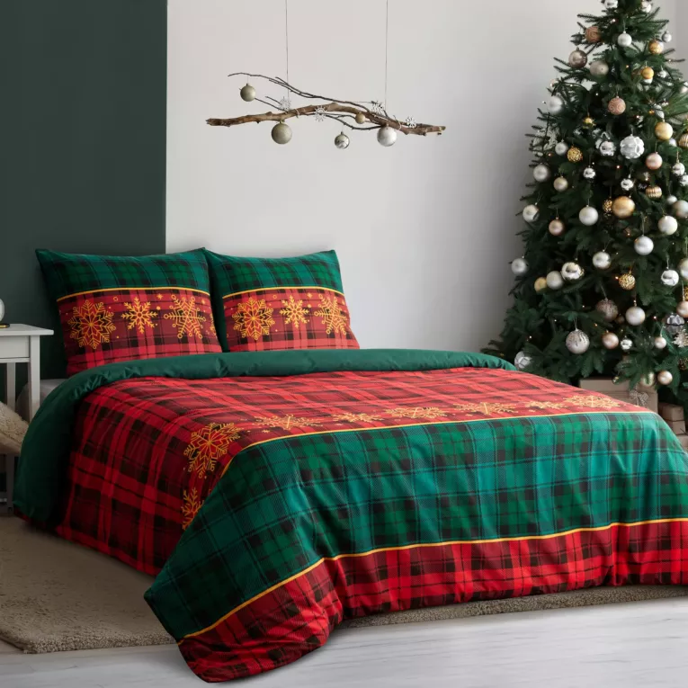 Pościel świąteczna 160x200 cm bawełna ranforce, kolor czerwony, zielony z nadrukiem kraty GLORY