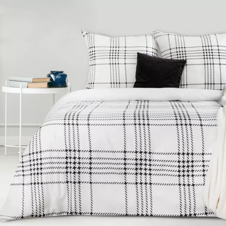 Pościel 160x200 cm bawełniana kolor biały, czarny w elegancką kratę NIKA 20