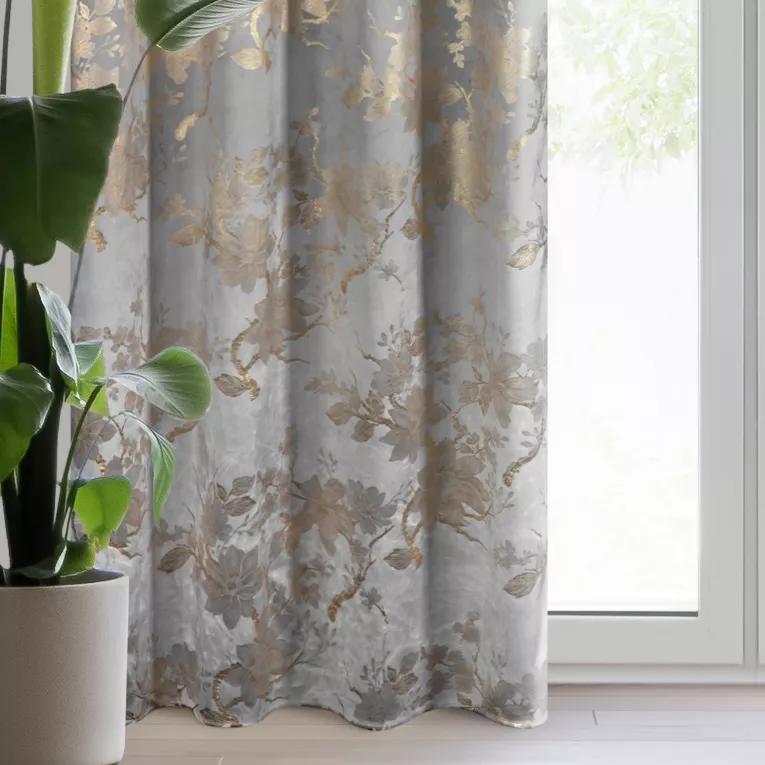 Zasłona stalowo, szampańska zdobiona nadrukiem błyszczących kwiatów 140x250 cm przelotka - CELIA
