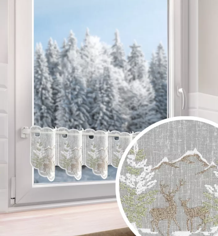 Tkanina firanowa zazdrostka zdobiona świątecznym zimowym haftem z Jelonkami