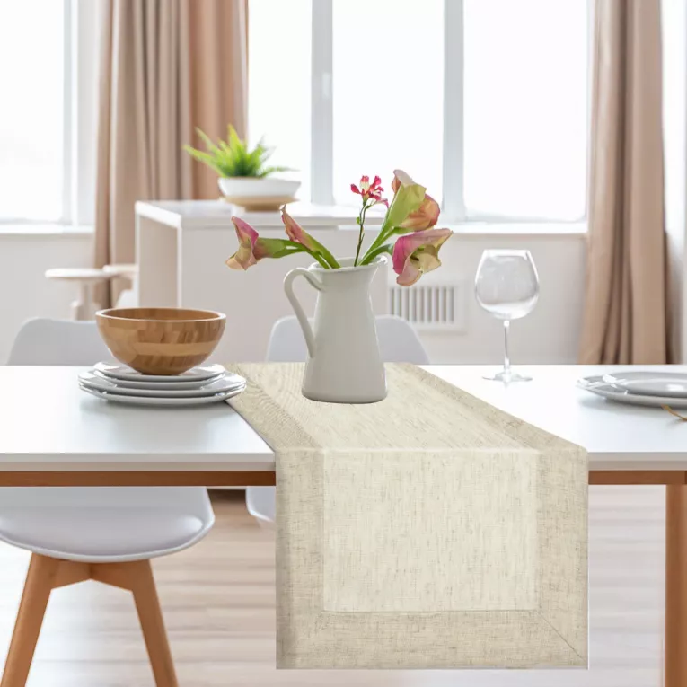 Bieżnik na stół naturalny 40x140 cm KAREN z ozdobną listwą z tkaniny z dodatkiem lnu DIVA LINE