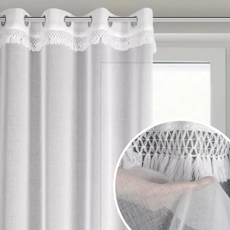 Firana biała z etaminy zdobiona subtelnym pasem frędzli w stylu eko 140x250 cm przelotka KIRA 1