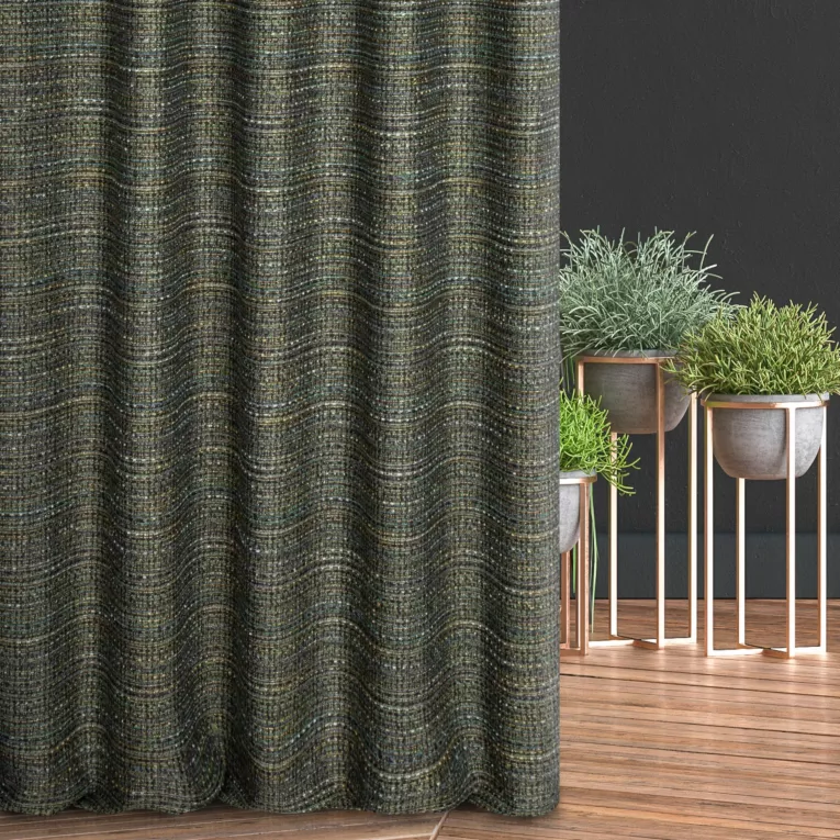 Zasłona szyta na taśmie 5 cm czarno turkusowa z tkaniny o grubym, naturalnym splocie z połyskiem