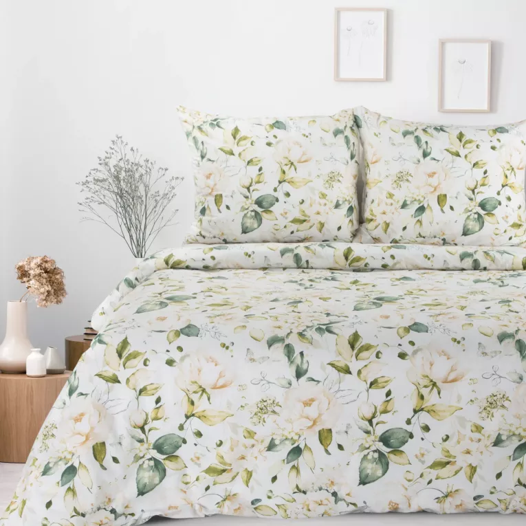 Pościel 160x200 cm bawełniana kolor biały, zielony w kwiaty SONIA 35
