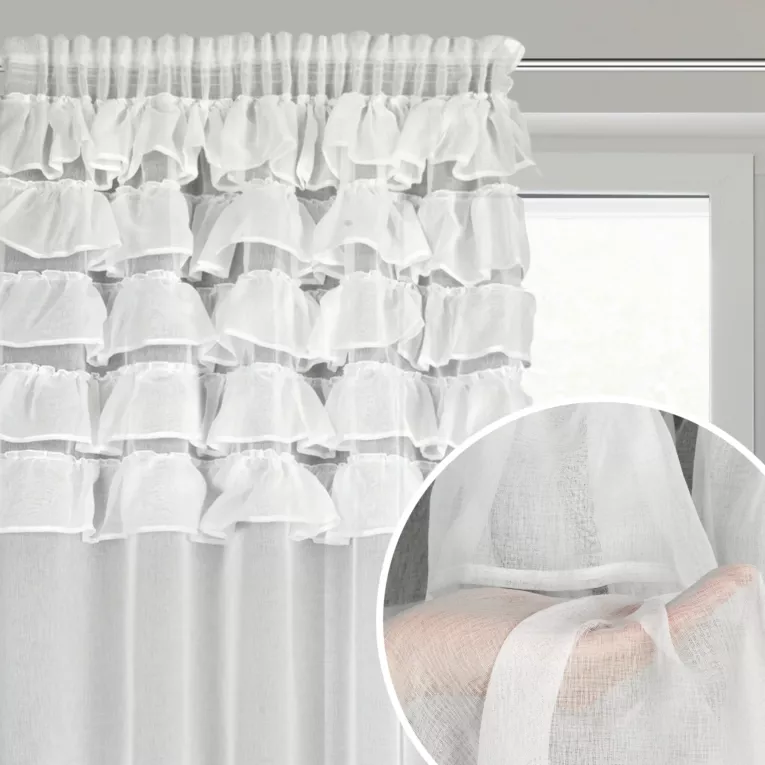 Firana biała z etaminy zdobiona w górnej części falbanami 140x270 cm taśma AURA