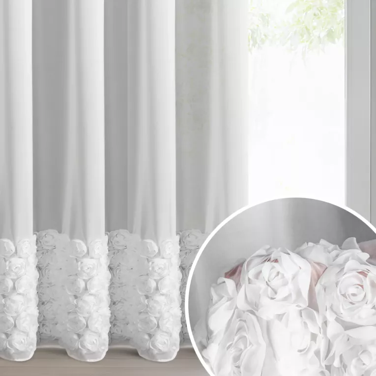 Firana biała z szyfonu zdobiona aplikacją 3D w róże 140x270 cm taśma - ROSES - Eva Minge
