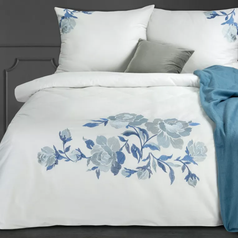 Pościel 160x200 cm z satyny bawełnianej kolor biały, niebieski haftowana w kwiaty HAFT 3 Eurofirany Premium