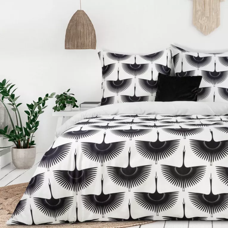 Pościel 220x200 cm z satyny bawełnianej kolor biały, czarny w ozdobnym opakowaniu z nowoczesnym wzorem MAJA