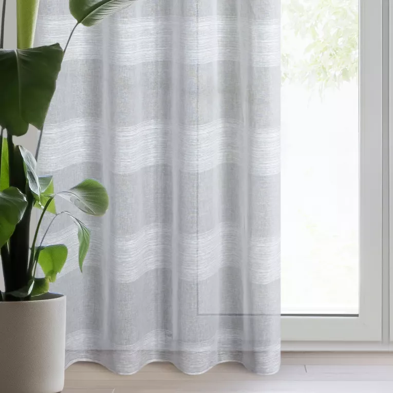 Firana srebrna zdobiona szenilowymi pasami 140x250 cm przelotka AGATA