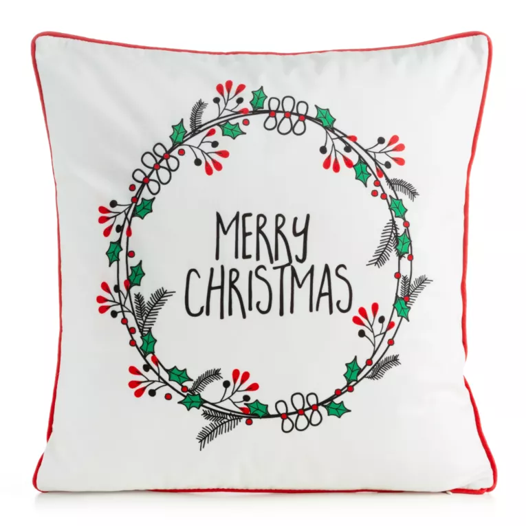 Poszewka na poduszkę 45x45 cm welwetowa, kremowo czerwona świąteczna zdobiona nadrukiem ostrokrzewu TORI