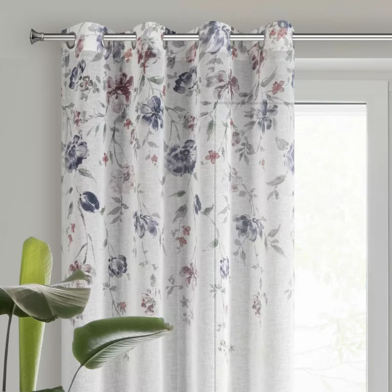 Zasłona biało, bordowa z wzorem letnich kwiatów z etaminy 140x250 cm przelotka - ALICE