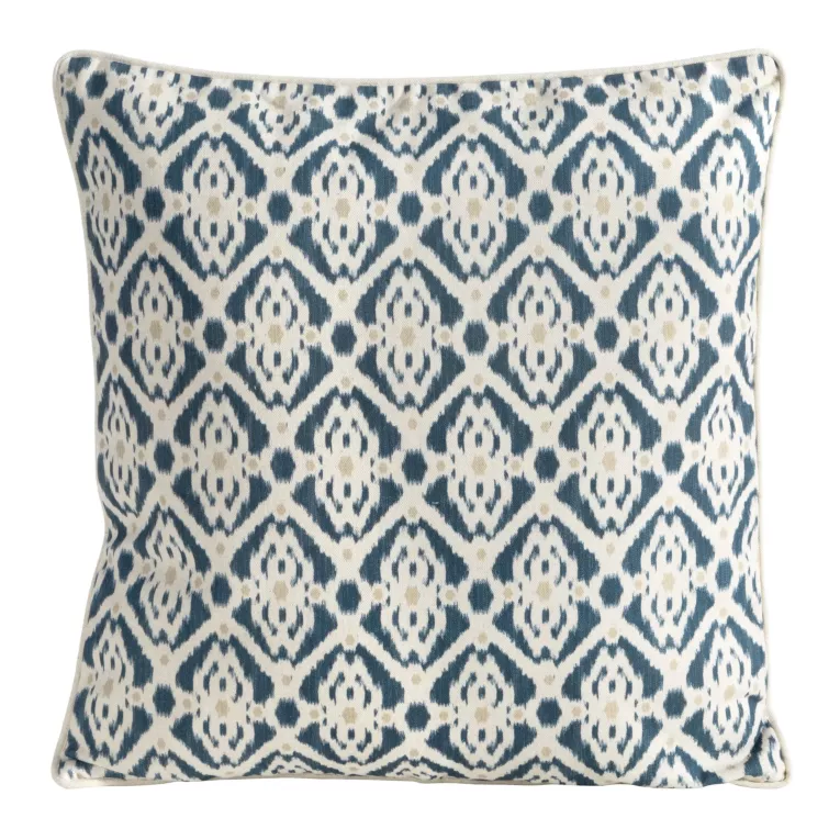 Poszewka na poduszkę 50x50 cm bawełniana z dodatkiem lnu zdobiona geometrycznym nadrukiem beżowo, granatowa LEN