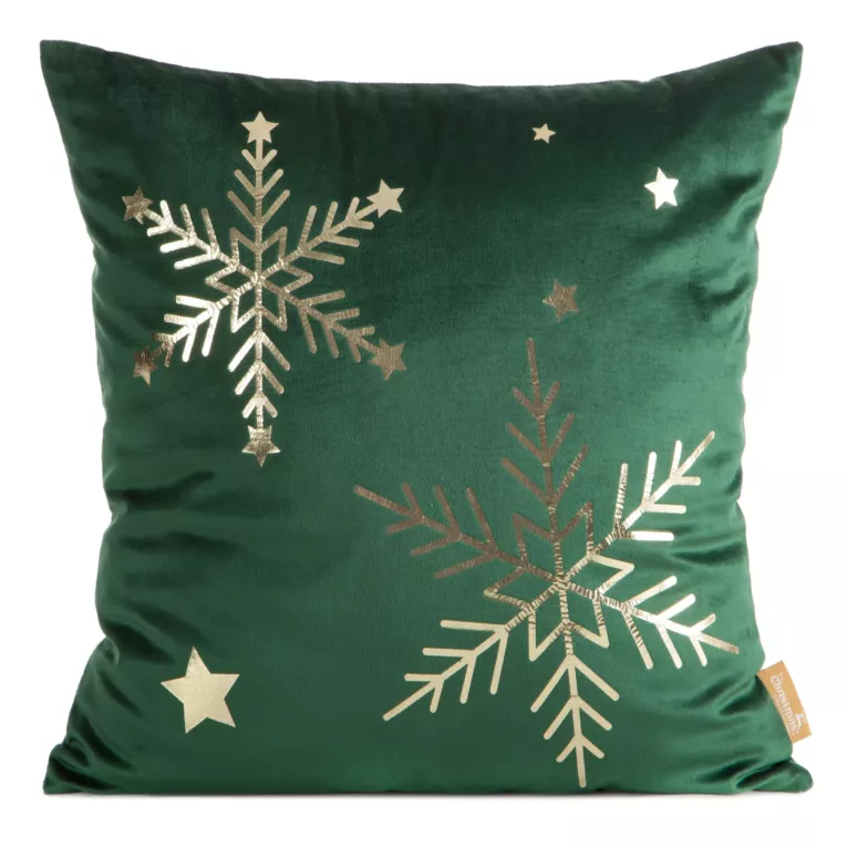 Poszewka na poduszkę świąteczna 45x45 cm welwetowa ciemnozielona zdobiona nadrukiem szampańskich śnieżynek