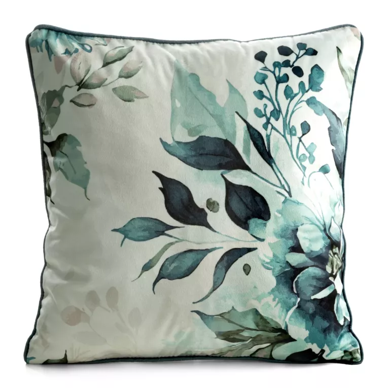 Poszewka na poduszkę 45x45 cm welwetowa beżowo, ciemnoturkusowa z roślinnym nadrukiem VELVET 205