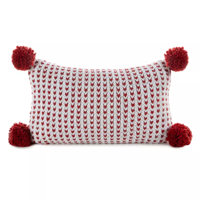 Poszewka na poduszkę 30x50 cm o plecionej strukturze biało czerwona z pomponami