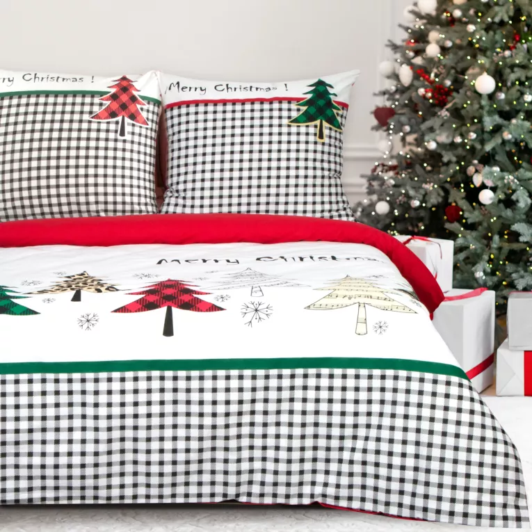 Pościel świąteczna 160x200 cm bawełniana kolor biały, czerwony w drobną krateczkę GERDA