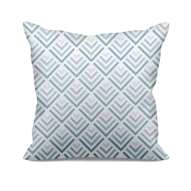 Poszewka szyta jasnokremowo turkusowa z tkaniny o naturalnym splocie z nadrukowanym geometrycznym wzorem