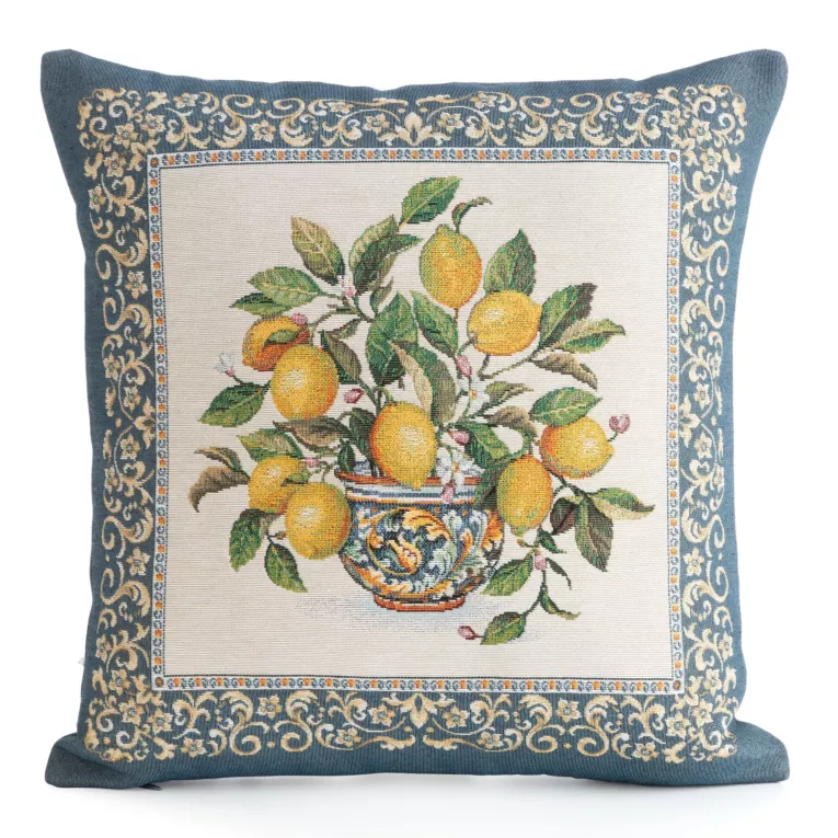 Poszewka na poduszkę 45x45 cm bawełniana, gobelinowa kolor naturalny, żółty z cytrynowym motywem GOB