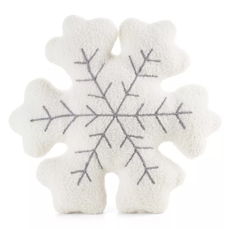 Poduszka świąteczna 38x38 cm kremowo, stalowa w kształcie śnieżynki z tkaniny typu bukla