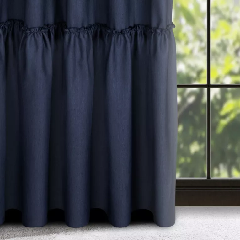 Zasłona granatowa z falbaną z tkaniny o płóciennym splocie 140x300 cm taśma - LENA