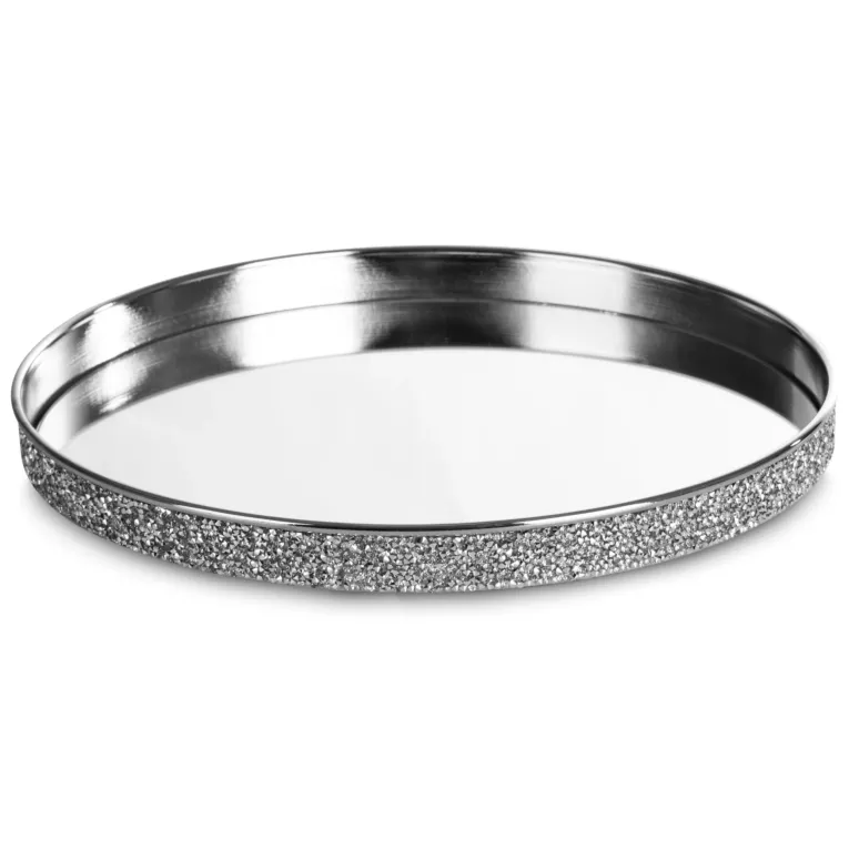 Okrągła taca dekoracyjna ENDI z lustrzanym blatem i błyszczącym obrzeżem z metalu, srebrna