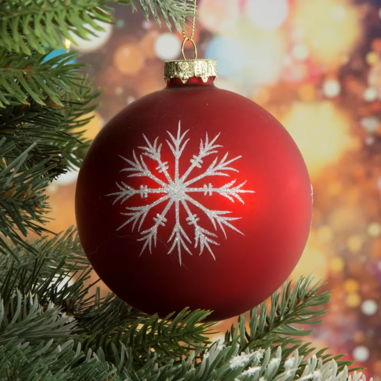 Bombka szklana ręcznie zdobiona brokatowymi śnieżynkami