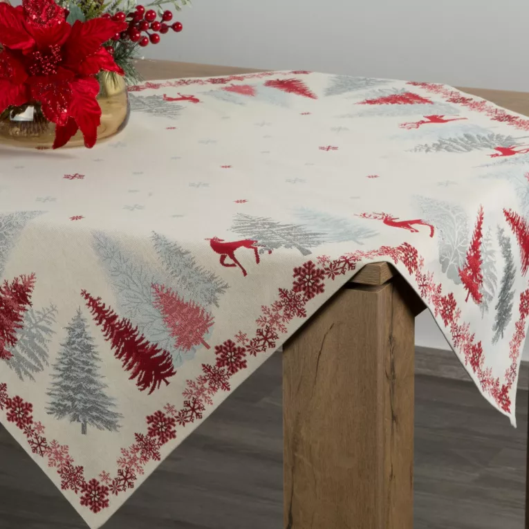 Obrus kremowo, czerwony 100x100 cm gobelinowy z zimowym motywem skandynawskim