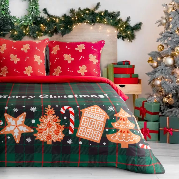 Pościel świąteczna 140x200 cm z mikrowłókna kolor zielony, czerwony z motywem kraty i pierników FESTA