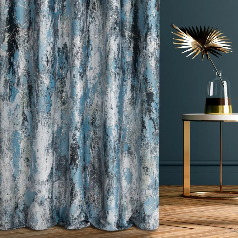 Zasłona szyta na flexach turkusowo srebrna z welwetowej tkaniny z błyszczącym nadrukiem