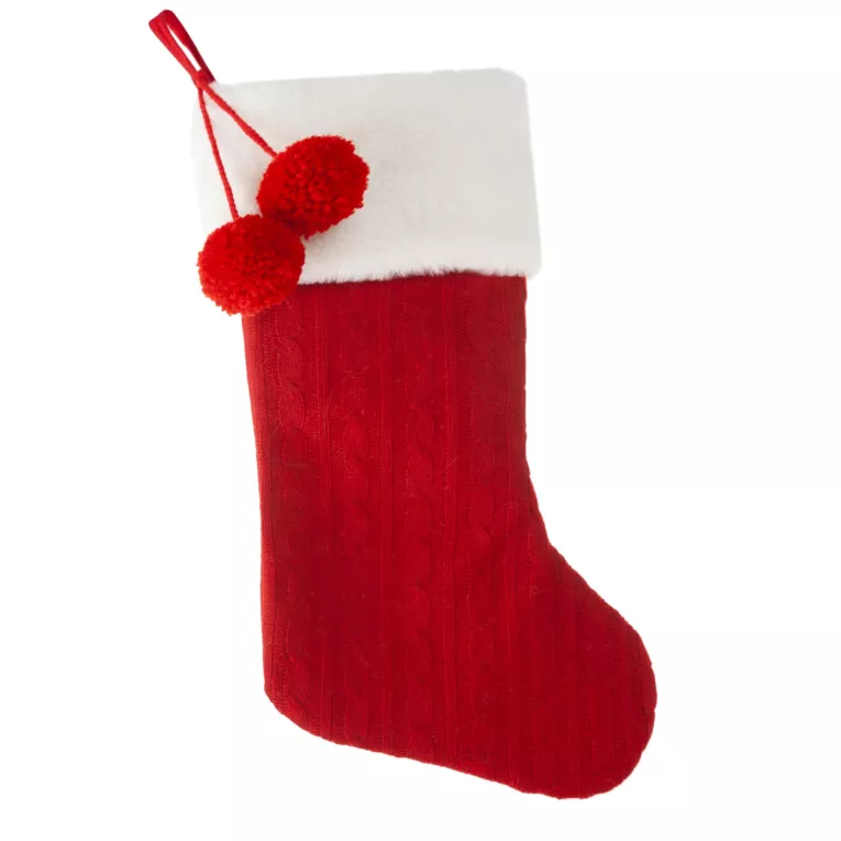 Skarpeta świąteczna z dzianiny z pomponikami i futerkiem