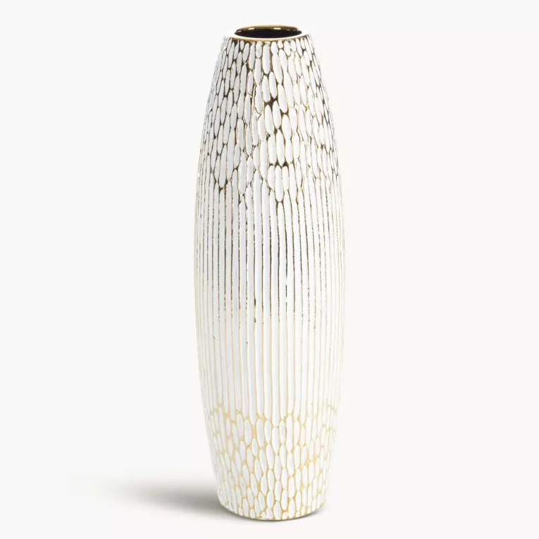Wazon ceramiczny biało, złoty o ozdobnej fakturze 15x50 cm ANDREA