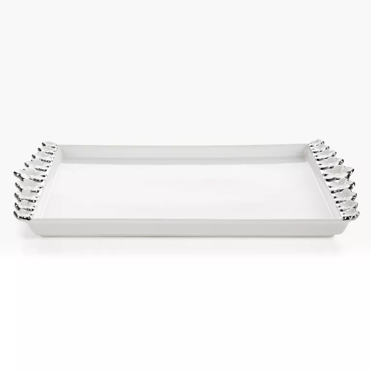 Patera dekoracyjna biało, srebrna zdobiona metalicznymi kwiatami 39x22x3 cm ARIANA