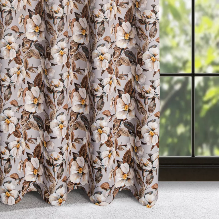 Zasłona beżowo, brązowa z motywem kwiatowym, zaciemniająca 140x250 cm przelotka - SIMONA