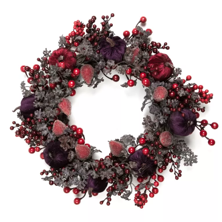 Wianek dekoracyjny bordowy zdobiony aksamitnymi dyniami