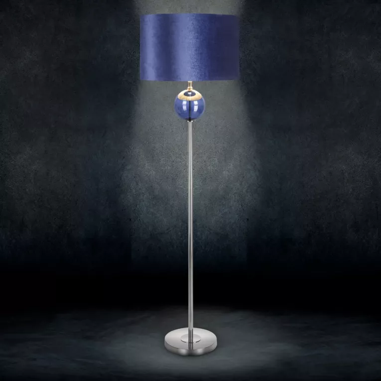 Lampa stojąca do pokoju granatowa IRIS na metalowej podstawie ze szklaną turkusową bombką i welwetowym abażurem