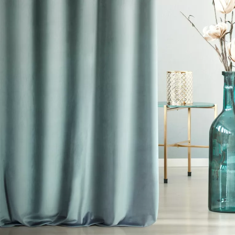 Zasłona szyta na flexach ENYA morska z miękkiej półmatowej tkaniny welwetowej