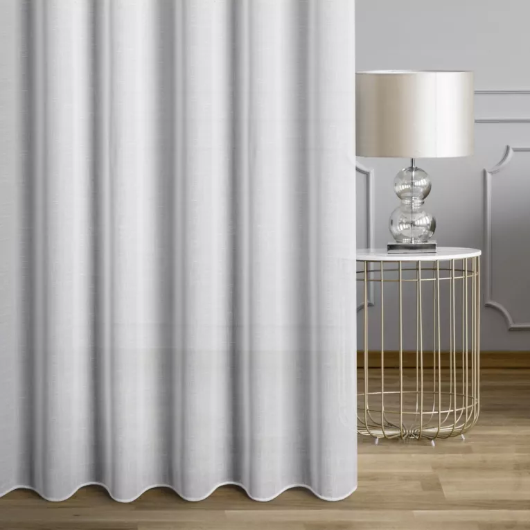 Firana szyta na taśmie fala LINEN2 biała z gładkiej matowej etaminy o naturalnym splocie, wykończona obciąznikiem