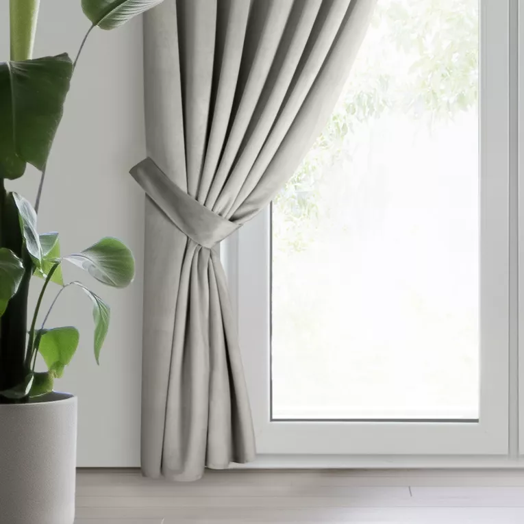 Zasłona popielata z tkaniny welwetowej, troczek w zestawie 140x300 cm taśma ANTARA