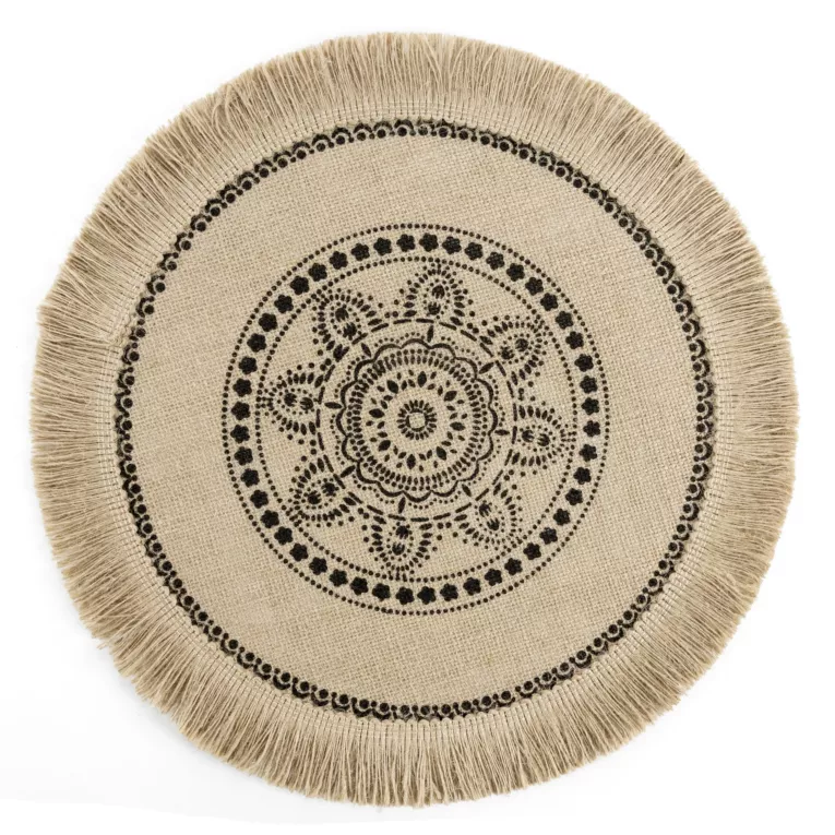 Podkładka na stół naturalna z juty średnica 38 cm ELISA z frędzlami na brzegach w stylu boho