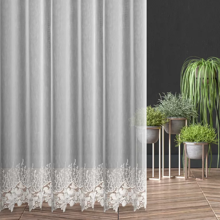 Firana szyta na taśmie 5 cm biała z delikatnej markizety zobionej roślinną aplikacją