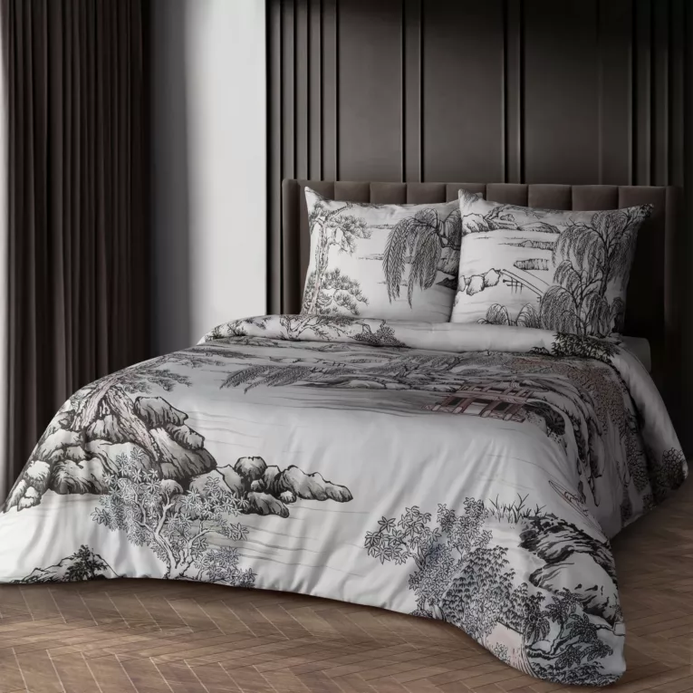 Pościel 160x200 cm z makosatyny bawełnianej kolor biały, stalowy z designerskim nadrukiem ORIANA Eva Minge