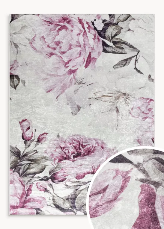 Dywan 50x80 cm różowo, kremowy z motywem kwiatu peonii LOTUS 2