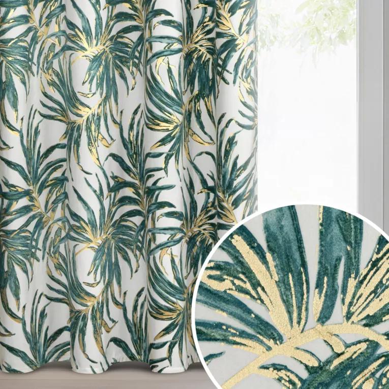 Zasłona biało, zielona z welwetu zdobiona podwójnym nadrukiem z złotymi akcentami 140x250 cm przelotka - ALENA
