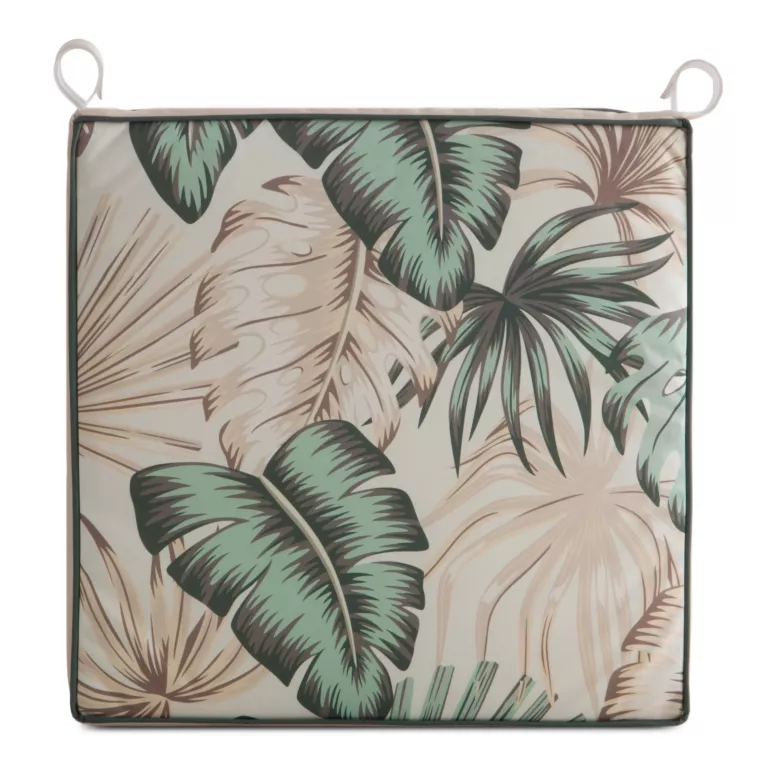 Poduszka na krzesło 42 x 42 x 4 cm wodoodporna kremowo, zielona zdobione motywem egzotycznych liści GARDEN