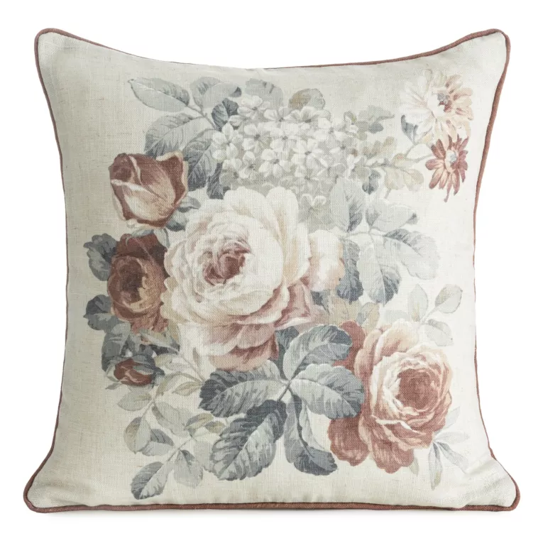 Poszewka na poduszkę 45x45 cm kolor naturalny, rudy z dodatkiem lnu zdobiona nadrukiem kwiatów GABI