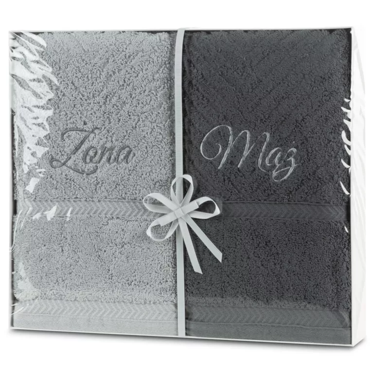 Zestaw ręczników bawełnianych na prezent 2 szt 50x90 cm kolor srebrny, stalowy z haftem ŻONA MĄŻ